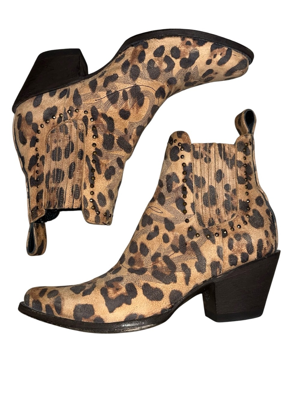 Cavender’s Leopard Print Western Ankle Boots - Tan & Dark Brown Suede Size 9B - Picture 7 of 12